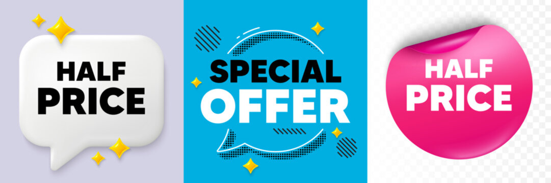 Half price speech bubble. 3d sparkles chat, Paper sticker. Half Price tag. Special offer Sale sign. Advertising Discounts symbol. Special offer bubble. Halftone dots pattern. Vector
