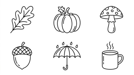 Minimalist autumn themed icon set featuring oak leaf pumpkin mushroom acorn umbrella and hot coffee mug © jazzmen