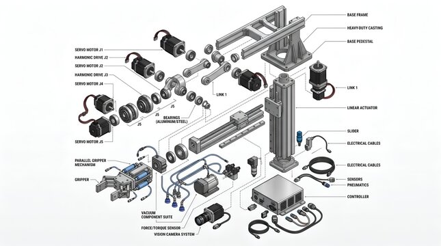 Exploded isometric diagram of robotic arm components for industrial use, detailed assembly.