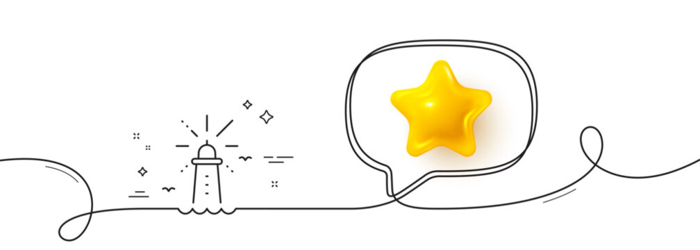 Lighthouse line icon. Continuous line with 3d star. Beacon tower sign. Searchlight building symbol. 3d star in speech bubble. Lighthouse single line ribbon. Loop curve pattern. Vector