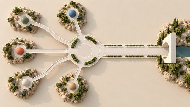 Aerial View of Pathways Connecting Diverse Island Spheres into a Central Hub Representing Business Integration and Network Centralization