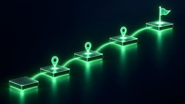 Glowing digital navigation route with connected location pins and destination flag illustrating a business roadmap and progress steps