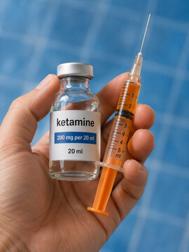 Person's hand holding a small glass vial and a syringe filled with an orange liquid. The vial is labeled "ketamine" in black letters.