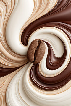 A roasted coffee bean centered within a stylized fluid abstract background of smooth, glossy swirls of cream, light brown coffee, and dark espresso.