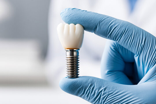 A detailed view of a dental implant model held between the thumb and forefinger of a hand wearing a blue sterile glove.
