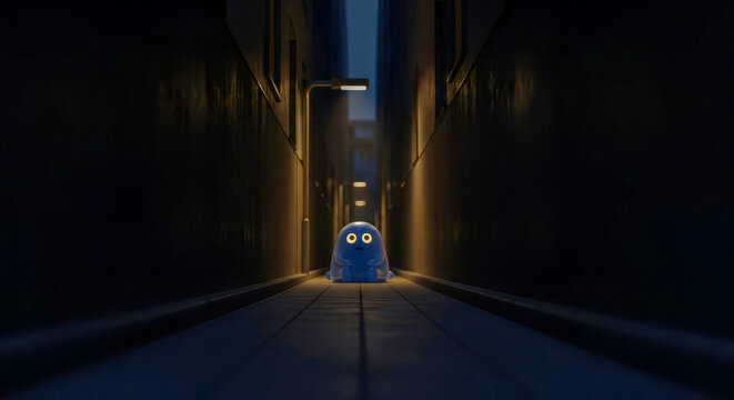 Cute Blue Glowing Ghost Monster Sitting Alone in Dark City Alleyway