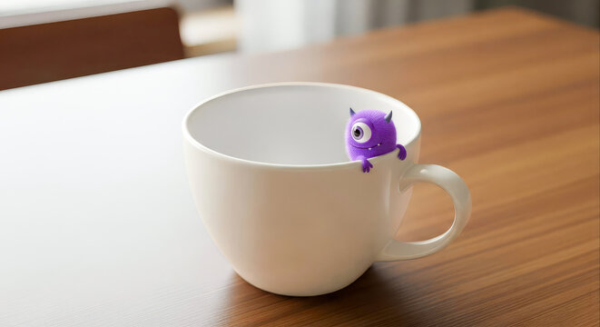 Tiny Cute Purple One-Eyed Monster Hiding in White Coffee Cup