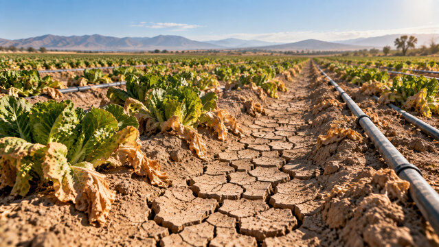 Agricultural water scarcity in cracked soil on farm irrigation row with wilted crop under dry mountain sky