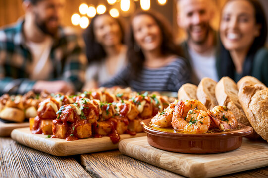 A lively wooden bar counter crowded with an assortment of authentic Spanish tapas and a group of friends in the background.