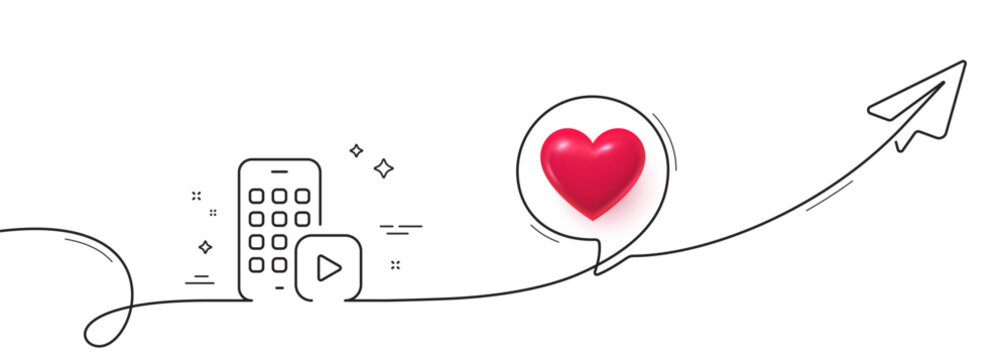 Phone app line icon. Continuous line with share plane. Smartphone application sign. Cellphone mobile device symbol. 3d heart in speech bubble. Phone app single line ribbon. Loop curve pattern. Vector