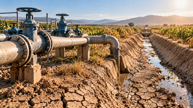 Agricultural water scarcity in dry field with irrigation pipe and cracked soil at sunrise