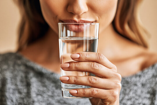 A close up shot focuses on a woman's hand holding a clear glass of water.
