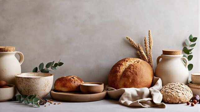 A beautifully styled still life composition featuring freshly baked bread and natural elements.