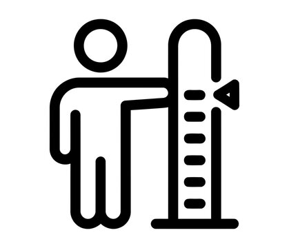 Line art icon featuring a human figure standing next to a vertical measurement scale with a pointer, representing height checking, personal growth evaluation, and level tracking isolated on white back