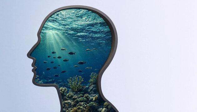 Human head silhouette filled with underwater ocean scene featuring fish coral and sun rays concept