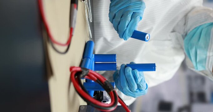 Close-up of a healthcare worker in protective clothing and blue gloves holding blood collection tubes beside medical equipment.