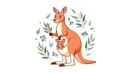 Fototapeta premium Cute mother kangaroo carrying baby joey in pouch with eucalyptus leaves vector illustration