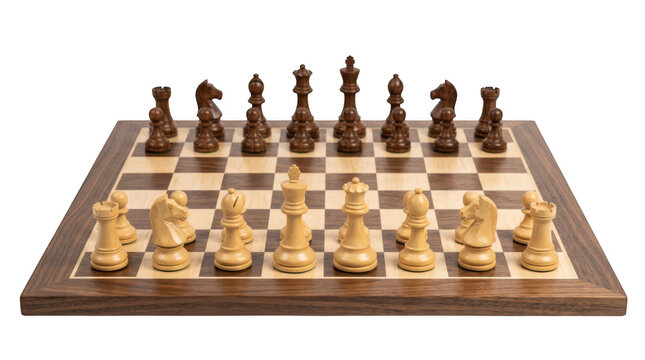 Wooden chess board with a full set of staunton style chess pieces arranged for the start of a game isolated on transparent background
