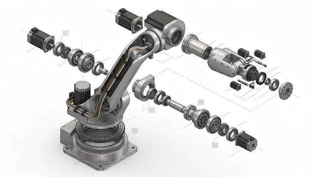 Exploded view diagram of an industrial robotic arm with mechanical parts