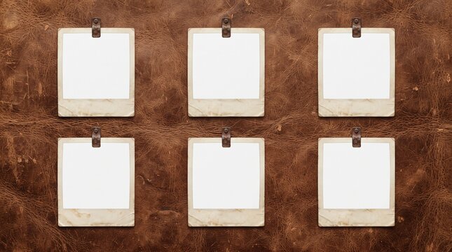 Six empty vintage photo slides pinned to a dark brown textured surface with photography template backdrop collection nostalgia arrangement background creative documentation presentation