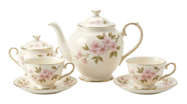 An elegant porcelain tea set with cherry blossom floral pattern isolated on transparent background