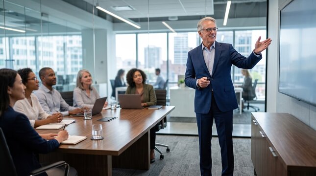 Active senior business professionals at work. An older male executive confidently leads a corporate conference meeting with his team.