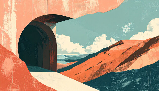 Dark tunnel mouth cut into flat paper hillside opening directly onto bright sky and clouds with sharp cut out transition in surreal collage generative AI