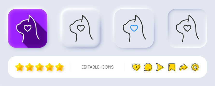 Pets care line icon. Neumorphic, Flat shadow, 3d buttons. Veterinary clinic sign. Cat health symbol. Line pets care icon. Social media icons. Vector