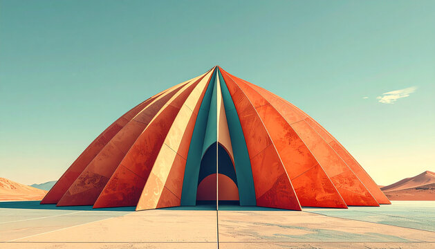 Dome constructed from folded paper segments resting on flat plain fanning like paper lantern with one segment lifted to show hollow interior generative AI