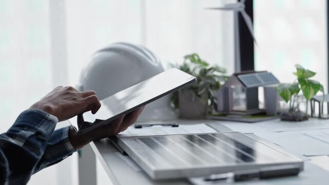 Business man generates renewable energy innovations in eco office workspace