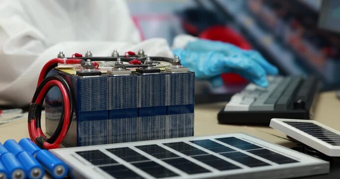 Close view of a rechargeable battery pack with wires, blue cells and small solar panels on a workbench, clean energy research and electronics repair.