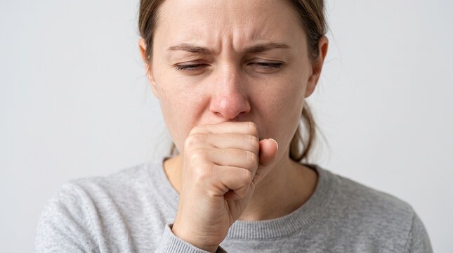 Young adult covering mouth with closed hand while coughing