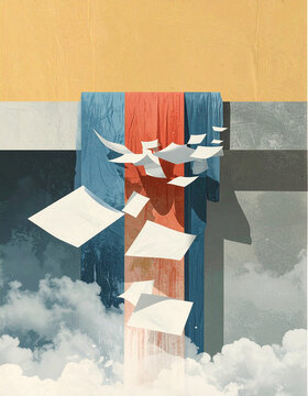 Waterfall of blank paper sheets pouring over flat ledge and falling through frame fanning apart into pale mist below in surreal collage generative AI