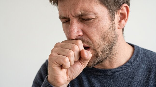 Adult coughing into tightly closed fist