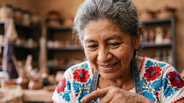 Active senior entrepreneurs running their small private business. A happy senior female artisan sculpts clay in her bright studio.