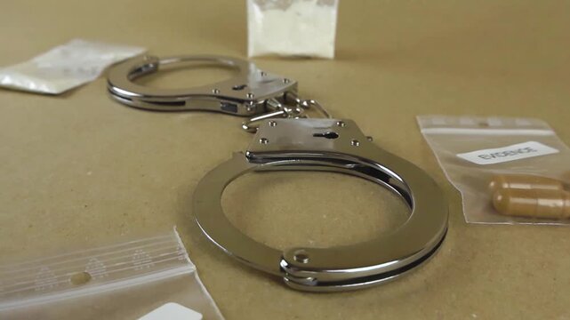 Confiscated illicit substances including pills and white powder in evidence bags laying next to metal handcuffs on a table, representing a crime scene investigation or a police drug raid seizure