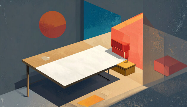 Enormous rubber stamp hovering over tiny empty desk casting eclipse shadow with scattered blank sheets in surreal paper collage generative AI