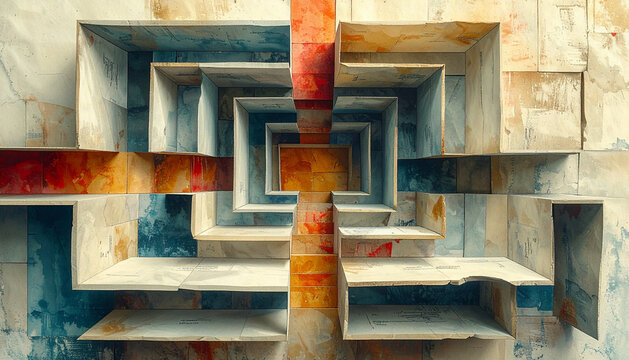 Overhead maze built from blank form sheets laid edge to edge with faded red thread tracing dead end in surreal collage generative AI