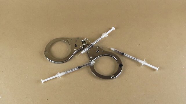 Metallic handcuffs and syringes with needles on a brown background representing the concept of illegal drugs, substance abuse, crime, and the consequences of addiction according to the law