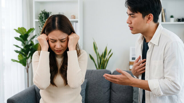 Distressed woman holding her hands beside her head while her boyfriend gestures during a heated disagreement at home, showing emotional tension between a young couple, family conflict, relationship cr