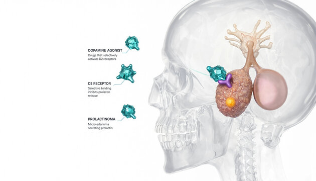 Medical illustration of prolactinoma tumor in human skull with dopamine agonist binding to D2 receptor