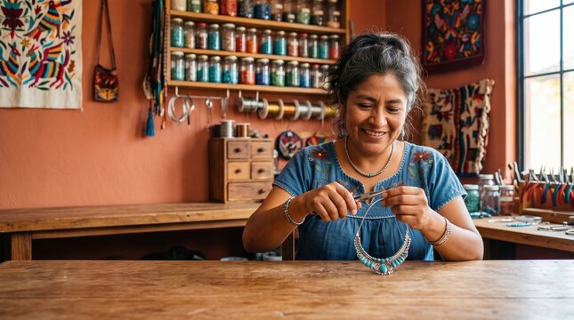 Active people running their small private business. A concentrated female jeweler crafts unique accessories at her wooden desk.