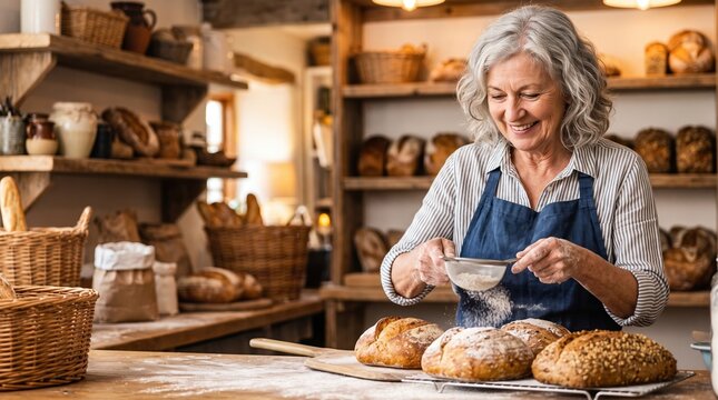 Active people running their small private business. A joyful senior female baker dusts flour over freshly baked bread in the kitchen.