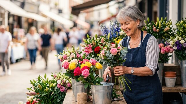 Active people running their small private business. An older female florist arranges colorful bouquets at her outdoor market stall.