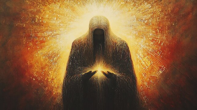 Faceless mystical figure holding radiant golden light, surrounded by a luminous halo and abstract sacred geometry, symbolizing spiritual awakening, divine energy and inner power