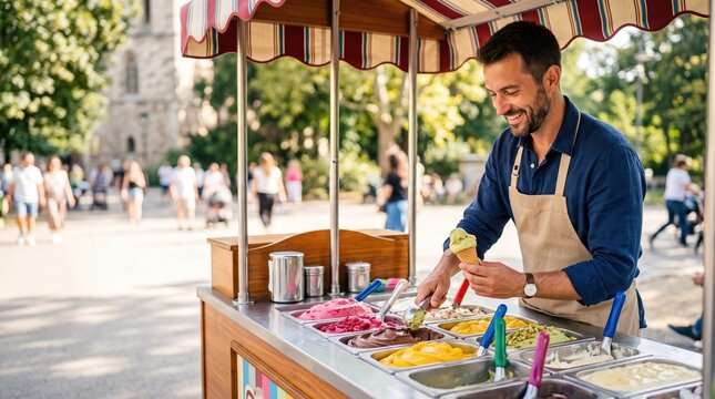 Active people running their small private business. A joyful male vendor scoops delicious gelato at his outdoor ice cream cart.