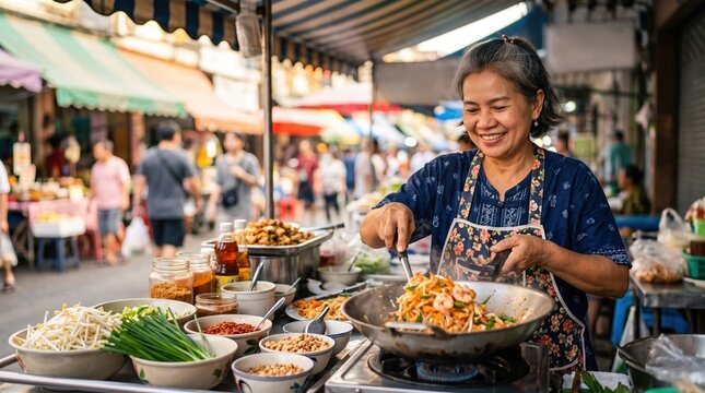 Active people running their small private business. A happy female chef cooks a hot meal in a large pan at her street food cart.