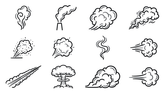 Set of hand-drawn smoke and steam cloud icons in doodle style on white background, perfect for comic book design, motion graphics and infographic illustrations
