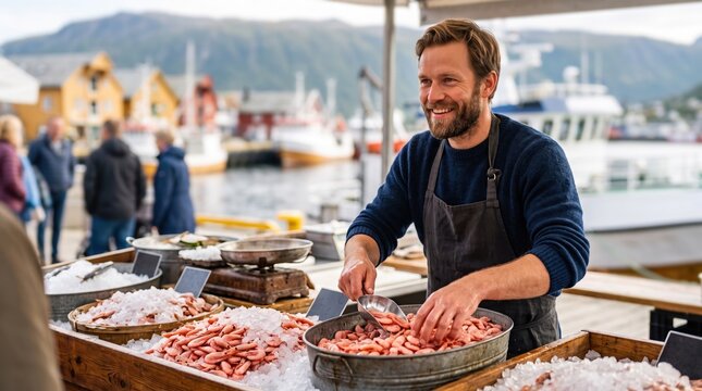 Active people running their small private business. A cheerful male fishmonger cooks fresh shrimp in a large pan outdoors.