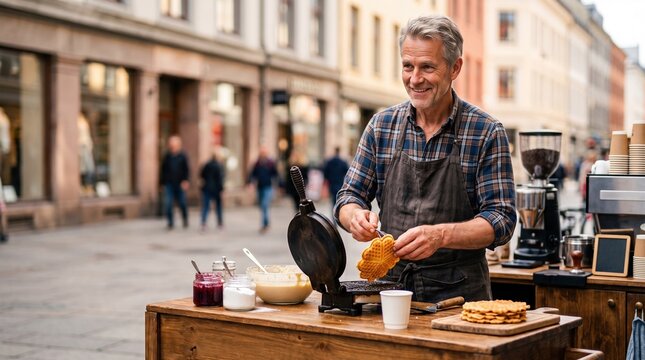 Active people running their small private business. A happy male vendor cooks sweet fresh pastries at his outdoor cart.
